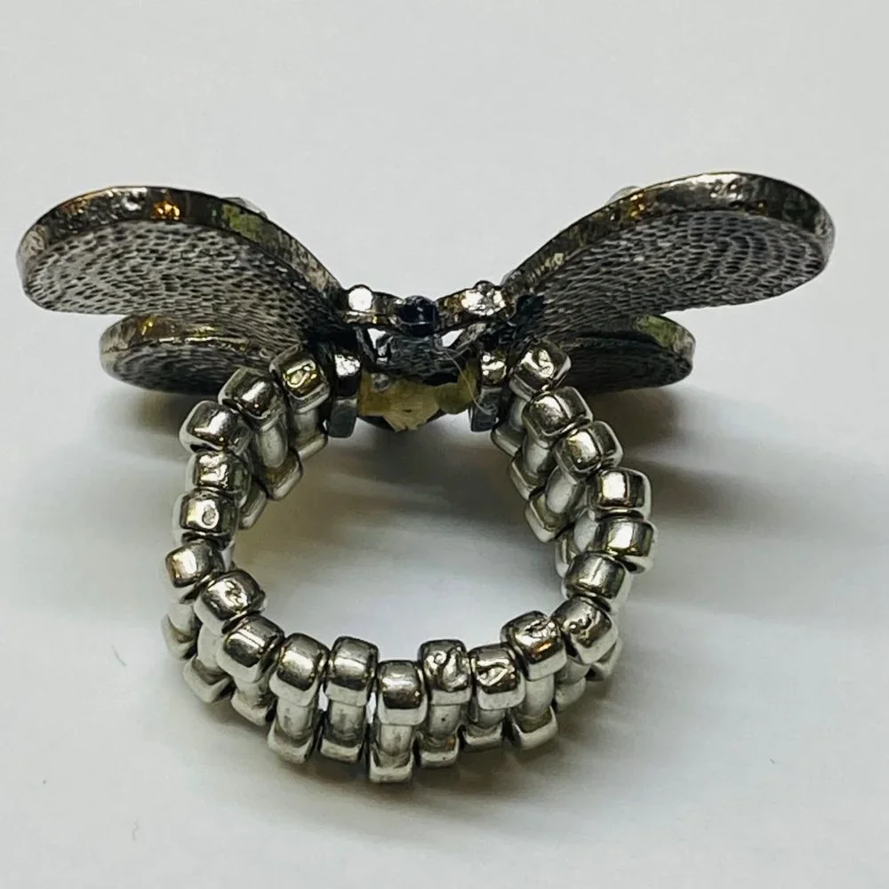 Ring Stretch Butterfly Shape Women Rhinestone Accents Enamel Silver Color Metal - Picture 5 of 16